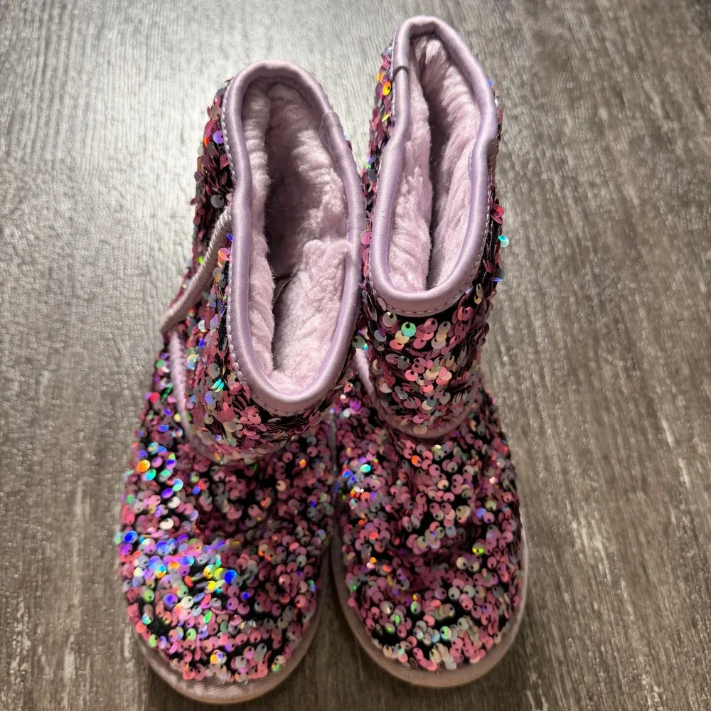 UGG Classic Short Sequin Boots Kids Size 3 Purple Iridescent Sparkle